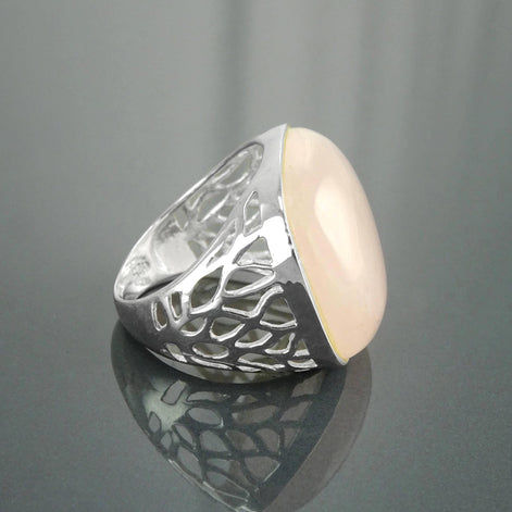 Pink Square Ring, Sterling Silver, NATURAL Rose Quartz Stone, Modern Statement Crystal Gemstone Ring, Bold Filigree Design Jewelry, Gift