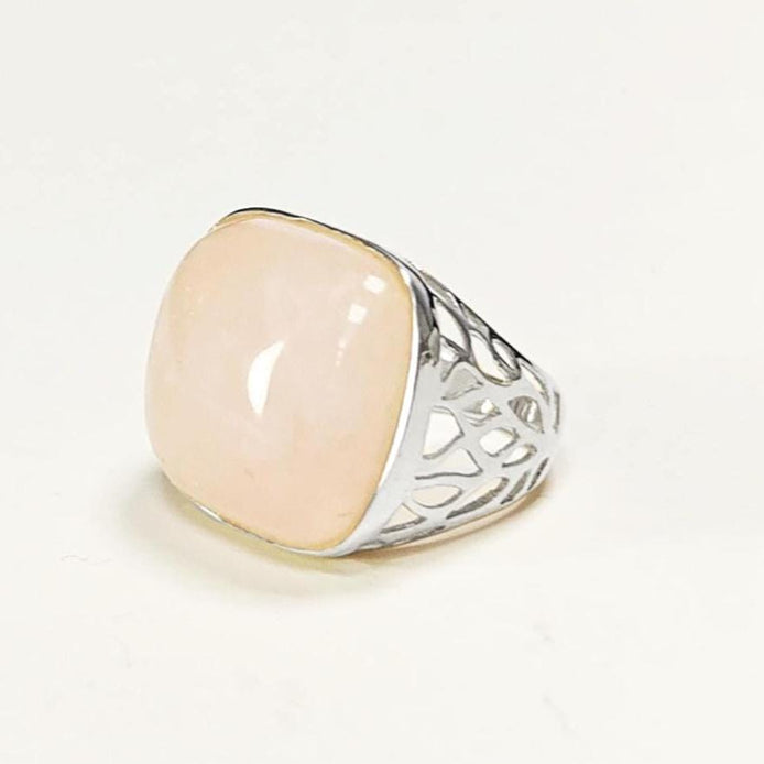 Pink Square Ring, Sterling Silver, NATURAL Rose Quartz Stone, Modern Statement Crystal Gemstone Ring, Bold Filigree Design Jewelry, Gift