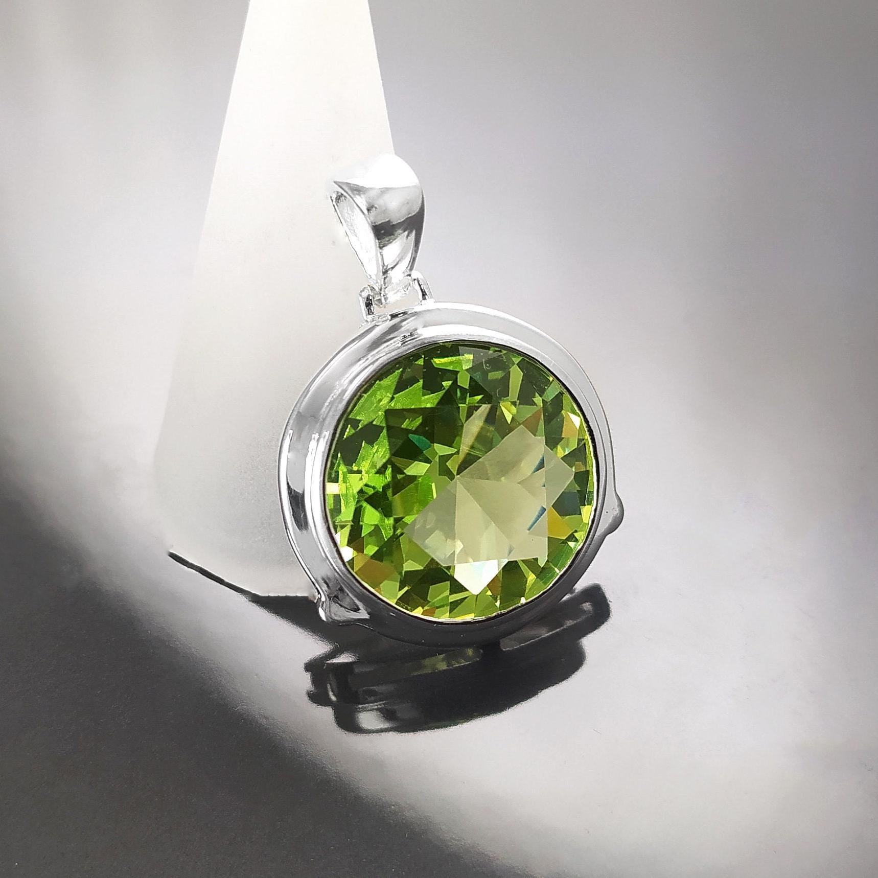 Green Sterling Silver Pendant, Bezel Set Green Peridot CZ Stone, Statement Necklace
