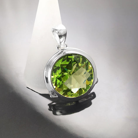 Green Sterling Silver Pendant, Bezel Set Green Peridot CZ Stone, Statement Necklace