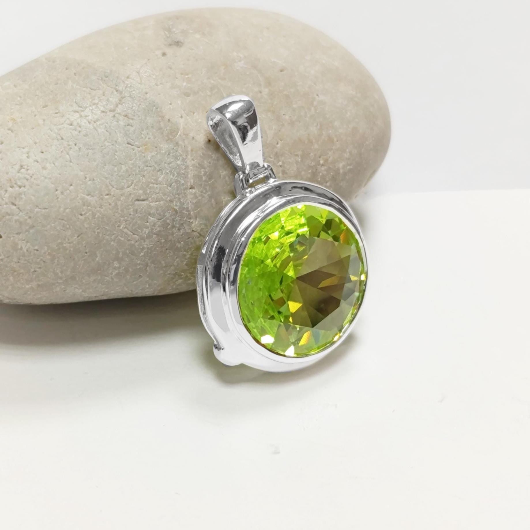 Green Sterling Silver Pendant, Bezel Set Green Peridot CZ Stone, Statement Necklace