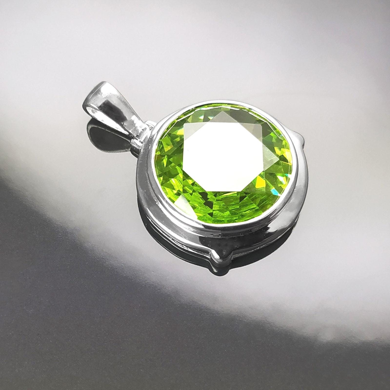 Green Sterling Silver Pendant, Bezel Set Green Peridot CZ Stone, Statement Necklace