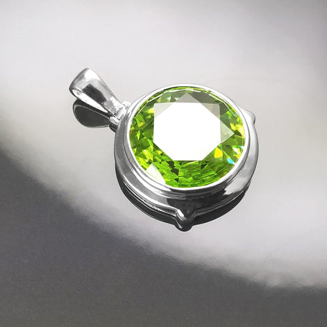 Green Sterling Silver Pendant, Bezel Set Green Peridot CZ Stone, Statement Necklace