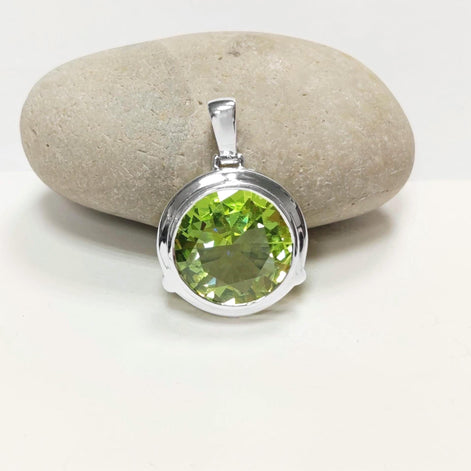 Green Sterling Silver Pendant, Bezel Set Green Peridot CZ Stone, Statement Necklace