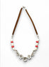 Boho Daisy Flowers Necklace, Sterling Silver and Leather, Shell Pearl, Red Jasper Stones Beads