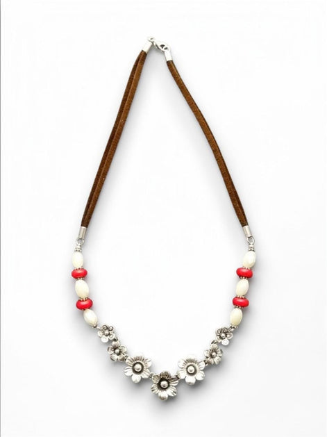 Boho Daisy Flowers Necklace, Sterling Silver and Leather, Shell Pearl, Red Jasper Stones Beads