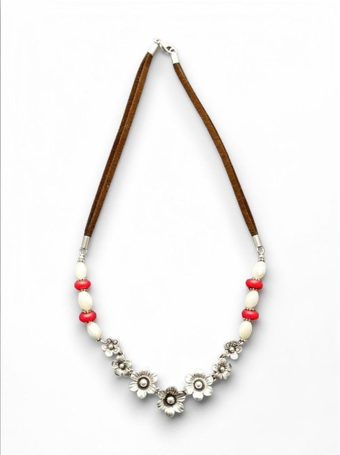 Boho Daisy Flowers Necklace, Sterling Silver and Leather, Shell Pearl, Red Jasper Stones Beads