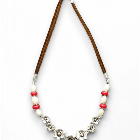 Boho Daisy Flowers Necklace, Sterling Silver and Leather, Shell Pearl, Red Jasper Stones Beads