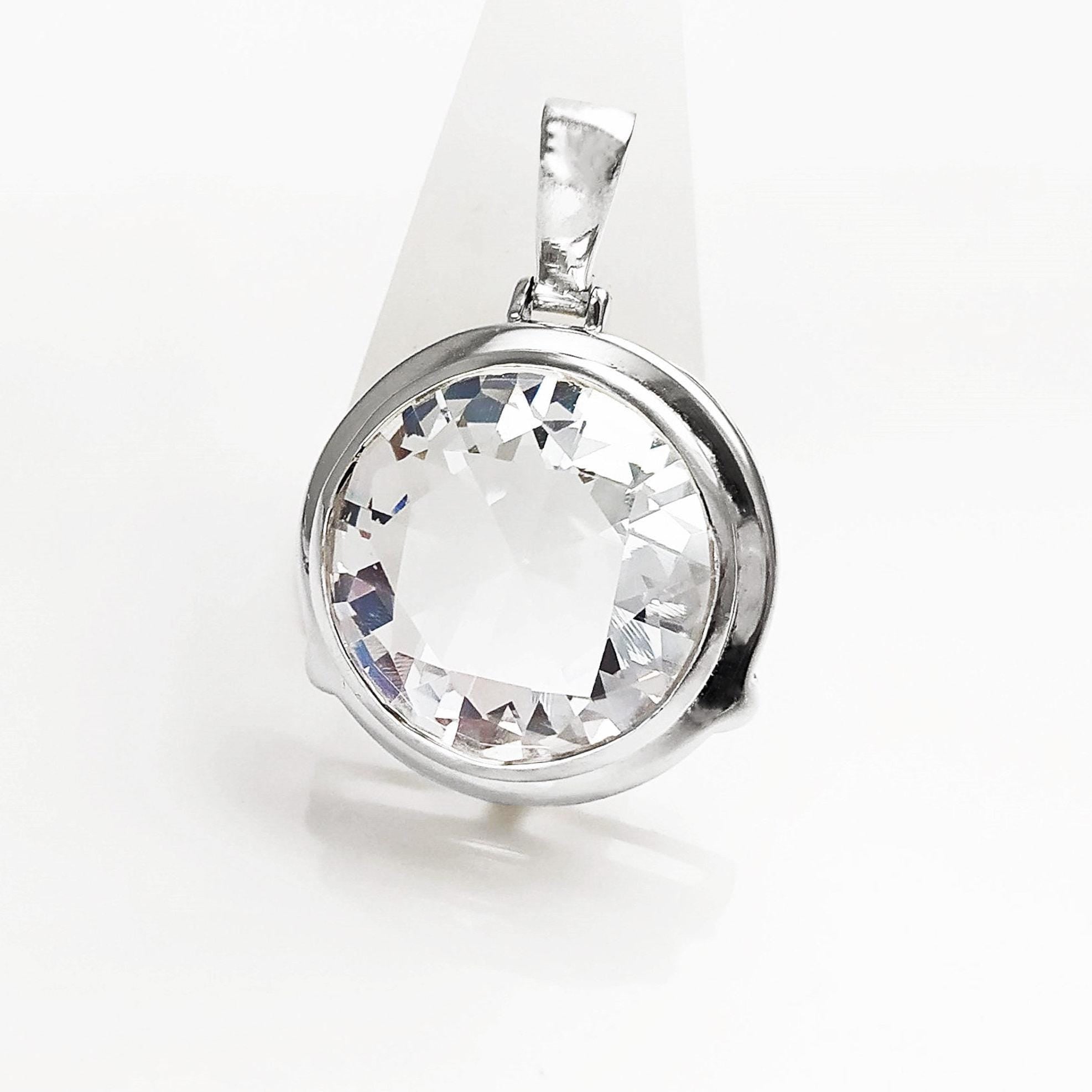 Sterling Silver Pendant Round CZ Gemstone, Statement Pendant 925 Necklace, Diamond Color Stone