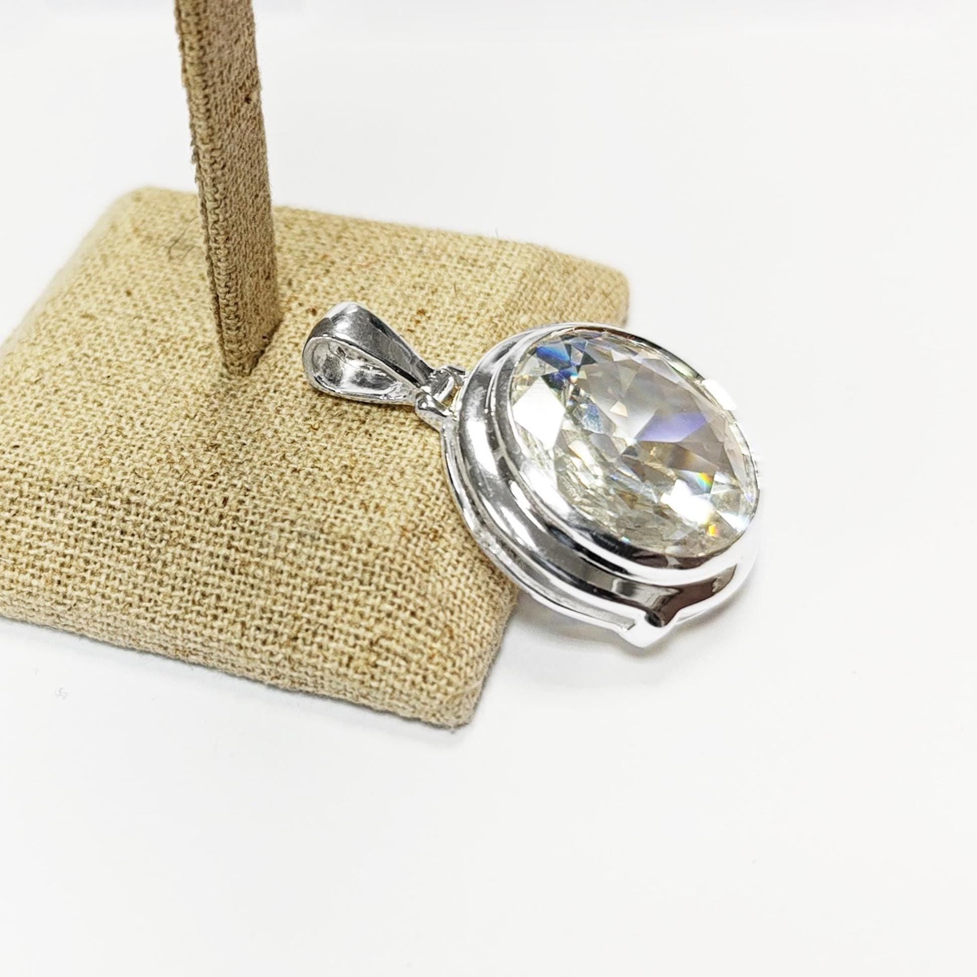 Sterling Silver Pendant Round CZ Gemstone, Statement Pendant 925 Necklace, Diamond Color Stone