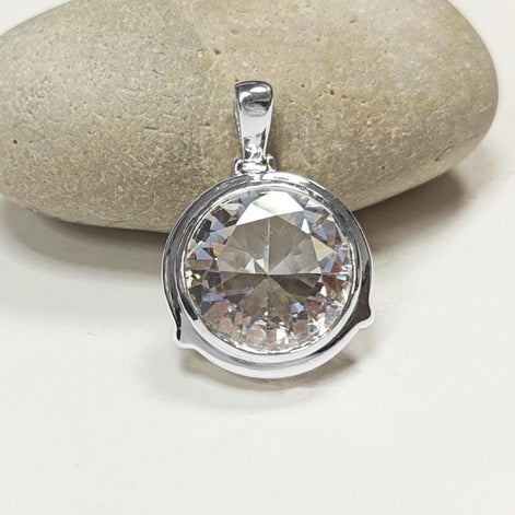 Sterling Silver Pendant Round CZ Gemstone, Statement Pendant 925 Necklace, Diamond Color Stone