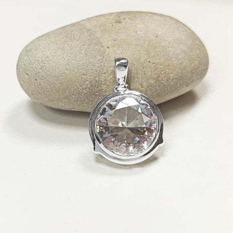 Sterling Silver Pendant Round CZ Gemstone, Statement Pendant 925 Necklace, Diamond Color Stone