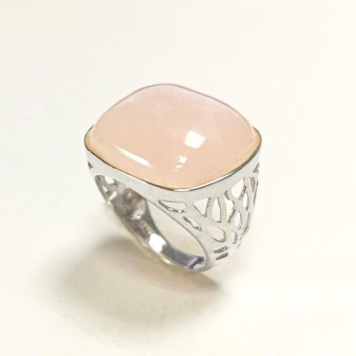 Pink Square Ring, Sterling Silver, NATURAL Rose Quartz Stone, Modern Statement Crystal Gemstone Ring, Bold Filigree Design Jewelry, Gift