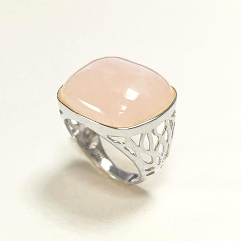 Pink Square Ring, Sterling Silver, NATURAL Rose Quartz Stone, Modern Statement Crystal Gemstone Ring, Bold Filigree Design Jewelry, Gift