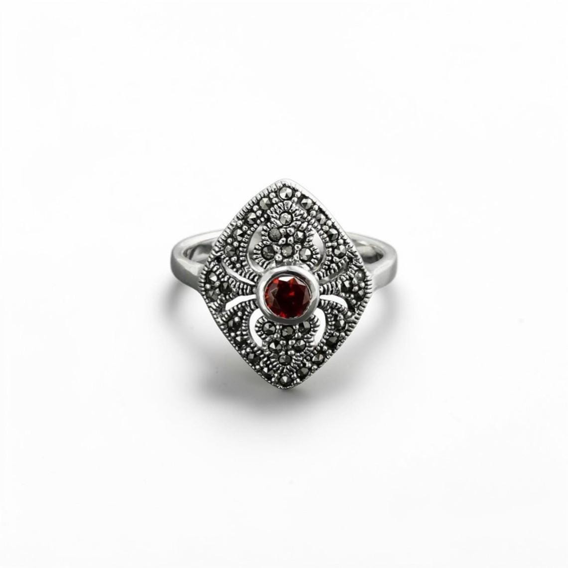 Art Deco Sterling Silver Marquise Ring, Lab Red Garnet, Marcasite Details