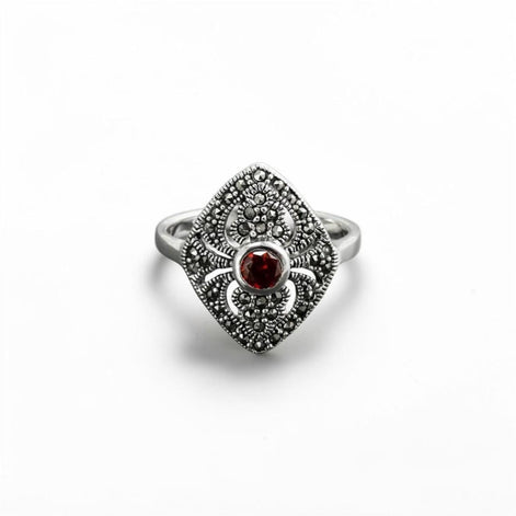 Art Deco Sterling Silver Marquise Ring, Lab Red Garnet, Marcasite Details