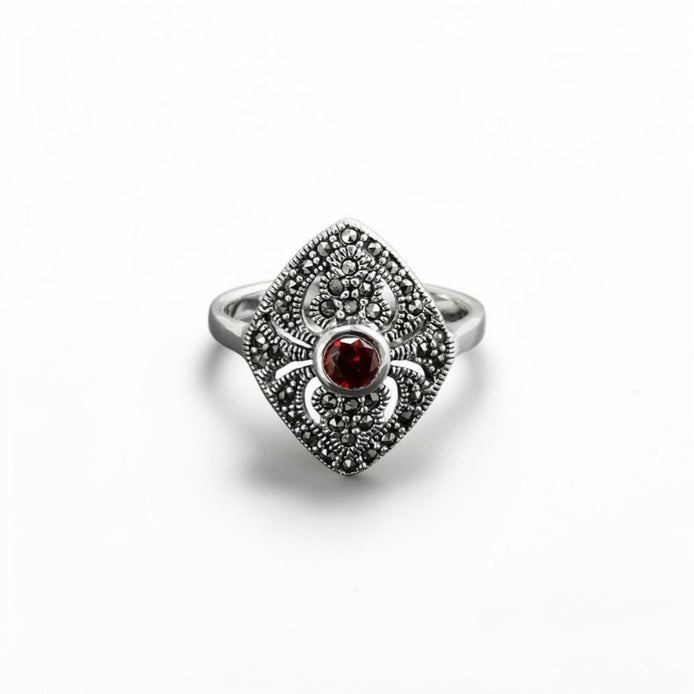 Art Deco Sterling Silver Marquise Ring, Lab Red Garnet, Marcasite Details