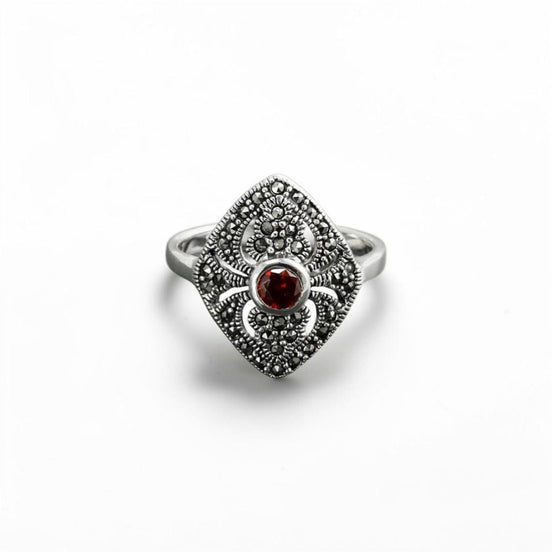 Art Deco Sterling Silver Marquise Ring, Lab Red Garnet, Marcasite Details