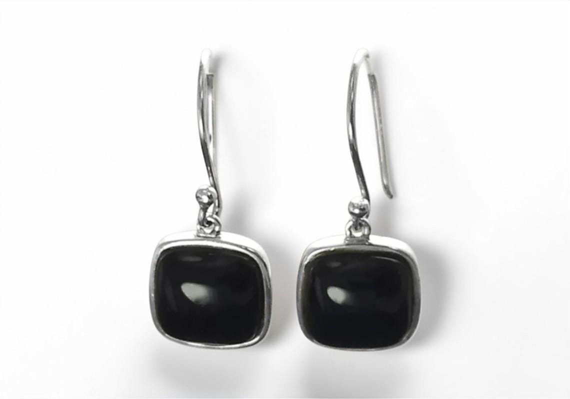 Drop Square Onyx Sterling Silver Earrings, Geometric Minimalist Gemstone Jewelry