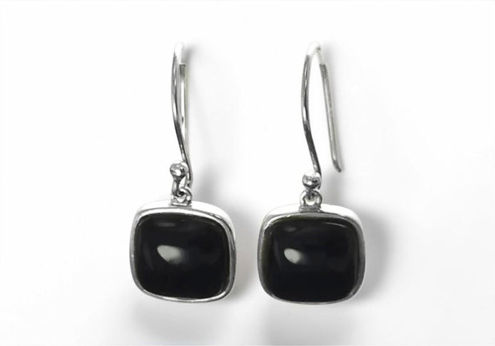Drop Square Onyx Sterling Silver Earrings, Geometric Minimalist Gemstone Jewelry