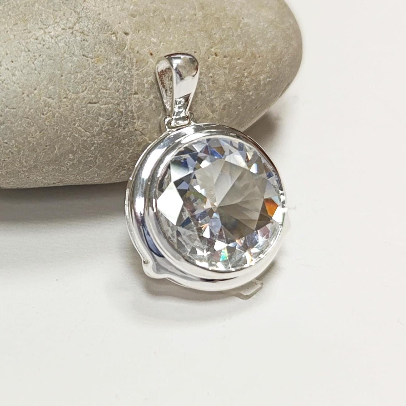 Sterling Silver Pendant Round CZ Gemstone, Statement Pendant 925 Necklace, Diamond Color Stone