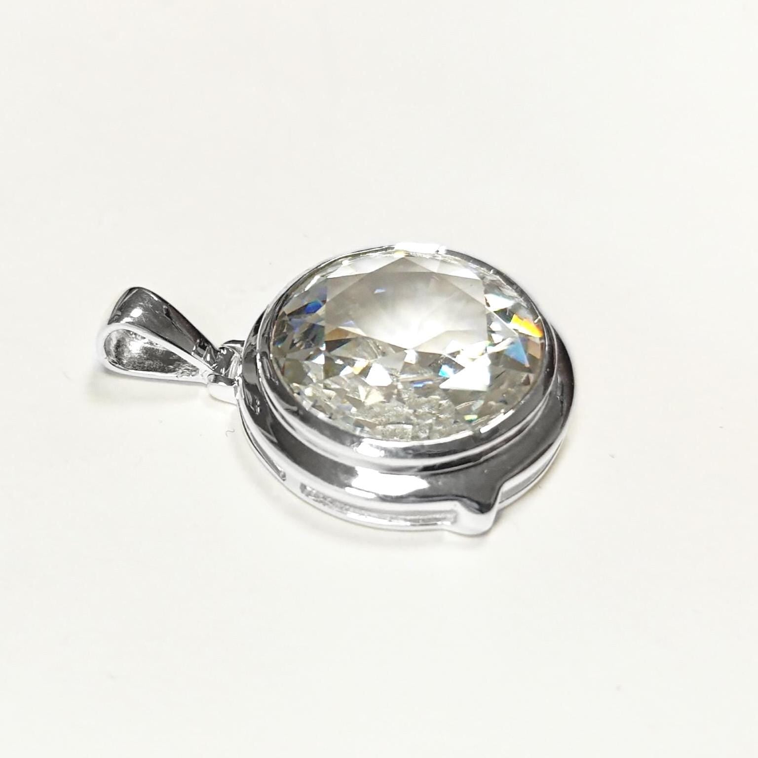 Sterling Silver Pendant Round CZ Gemstone, Statement Pendant 925 Necklace, Diamond Color Stone