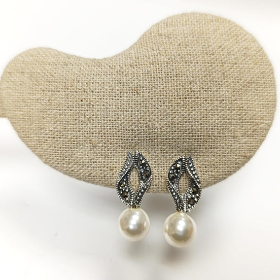 Pearl Marcassite Vintage Style Earrings, Sterling Silver Small Antique Art Deco jewel, Retro Jewelry, women's gifts