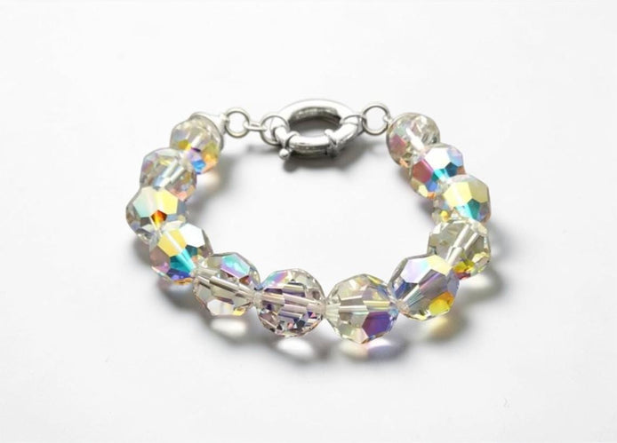 Crystal Bracelet, Rainbow Borealis Reflections Crystal Beaded Bracelet, 10mm Stone Beads balls Jewelry, Sterling Silver Spring Ring Clasp