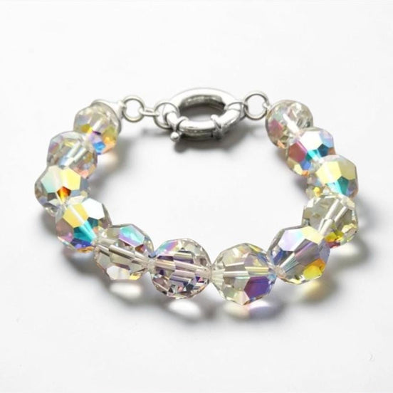 Crystal Bracelet, Rainbow Borealis Reflections Crystal Beaded Bracelet, 10mm Stone Beads balls Jewelry, Sterling Silver Spring Ring Clasp