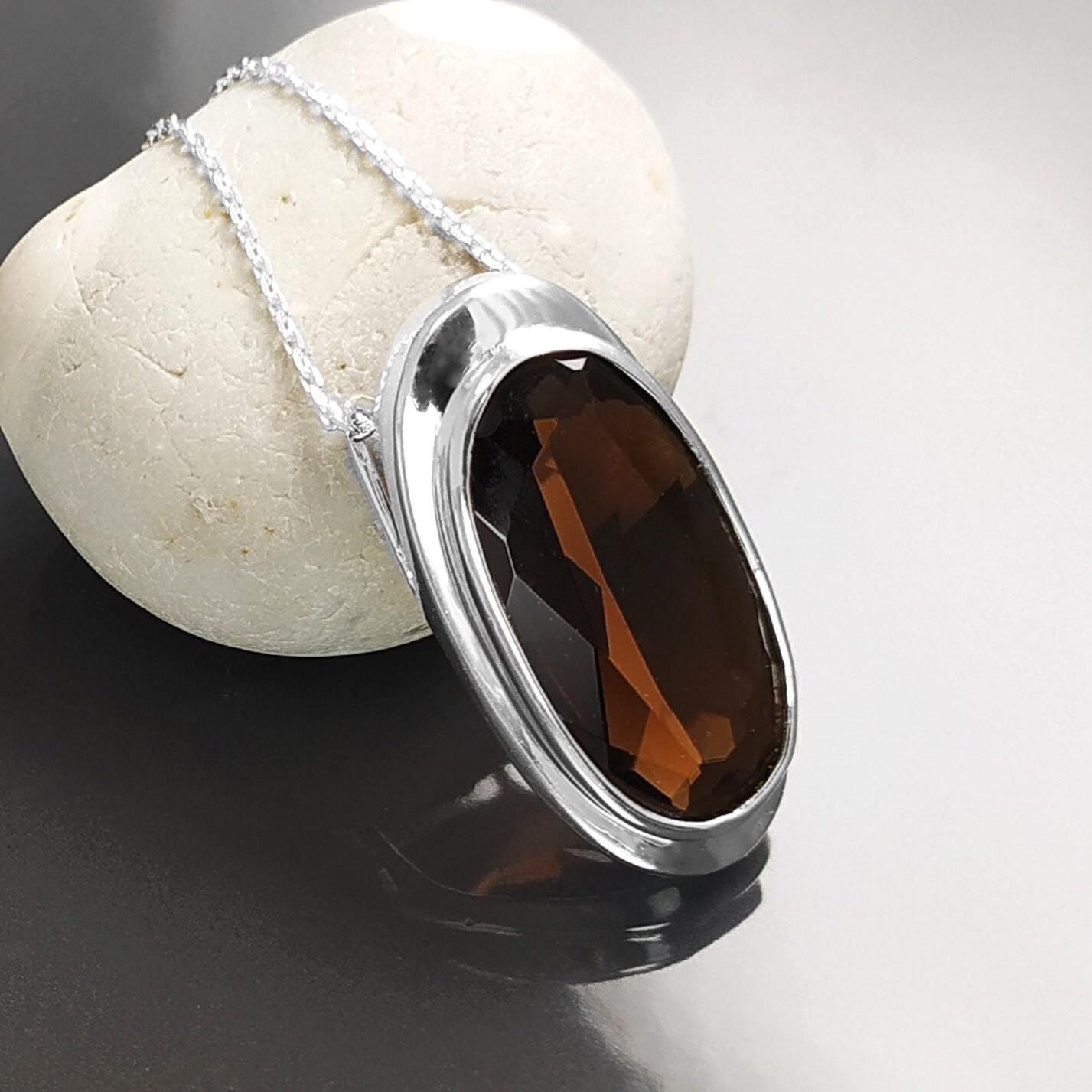 Large Oval Pendant in Chocolate Brown Sterling Silver 925 Diamond-Simulated Zirconia Gift for Women