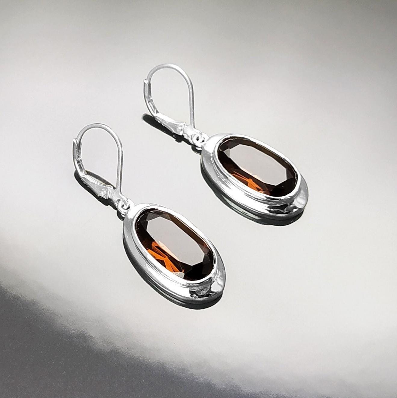 Oval Dangle Earrings in Chocolate Brown Sterling Silver 925 Diamond-Simulated Zirconia Gift for Women