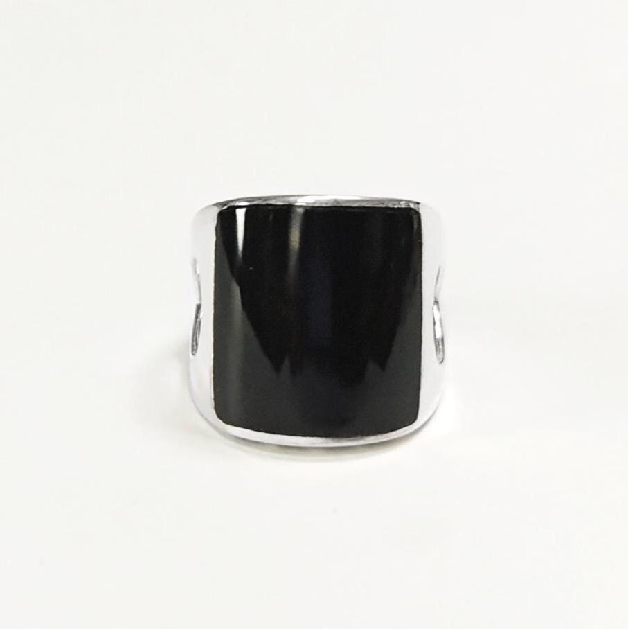Onyx Signet Ring 925 Sterling Silver Cuff Band - Black Onyx Stone Dome Curved Jewelry - Modern Sleek Gift