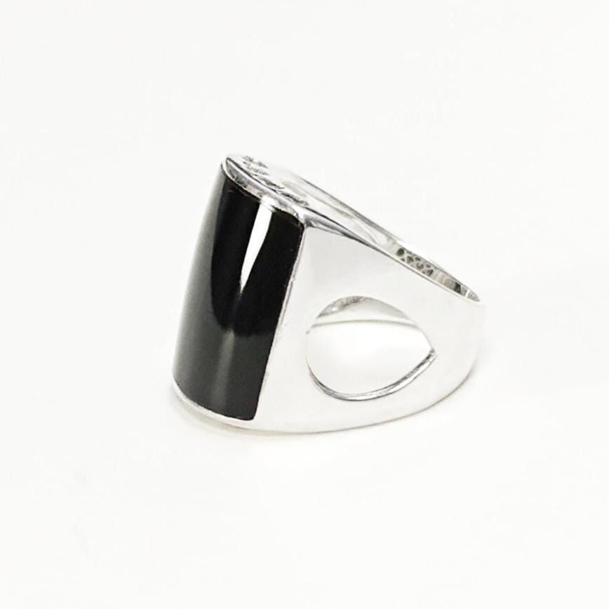 Onyx Signet Ring 925 Sterling Silver Cuff Band - Black Onyx Stone Dome Curved Jewelry - Modern Sleek Gift