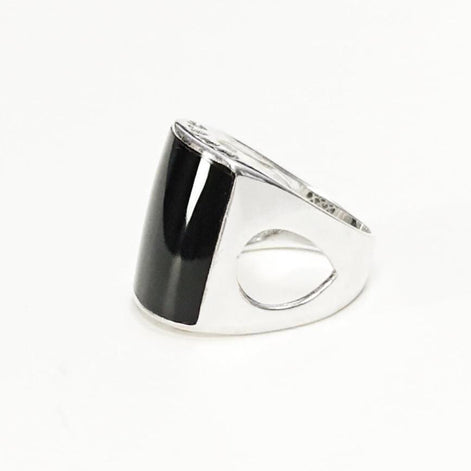 Onyx Signet Ring 925 Sterling Silver Cuff Band - Black Onyx Stone Dome Curved Jewelry - Modern Sleek Gift