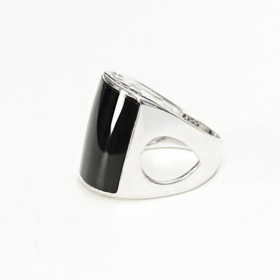 Onyx Signet Ring 925 Sterling Silver Cuff Band - Black Onyx Stone Dome Curved Jewelry - Modern Sleek Gift