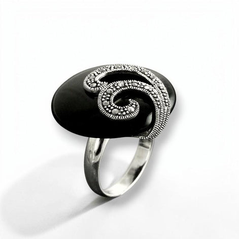 Art Deco Black Onyx Ring, Sterling Silver, Marcasite Stones, Roaring Twenties Inspired Jewelry