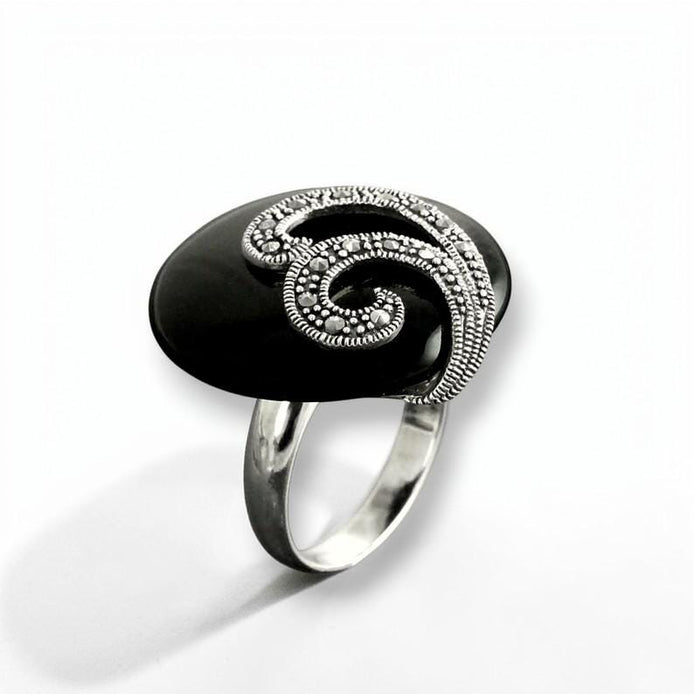 Art Deco Black Onyx Ring, Sterling Silver, Marcasite Stones, Roaring Twenties Inspired Jewelry
