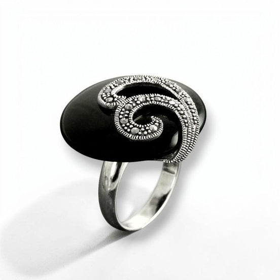 Art Deco Black Onyx Ring, Sterling Silver, Marcasite Stones, Roaring Twenties Inspired Jewelry