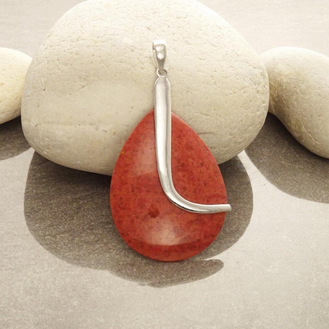 925 Red Oval Pendant, Sterling Silver, Big Enhanced Red Coral, Modern Teardrop Red Stone Jewelry, Bold Statement Red Necklace
