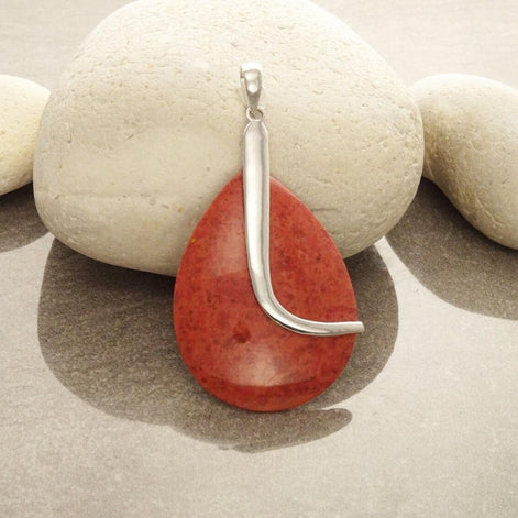 925 Red Oval Pendant, Sterling Silver, Big Enhanced Red Coral, Modern Teardrop Red Stone Jewelry, Bold Statement Red Necklace
