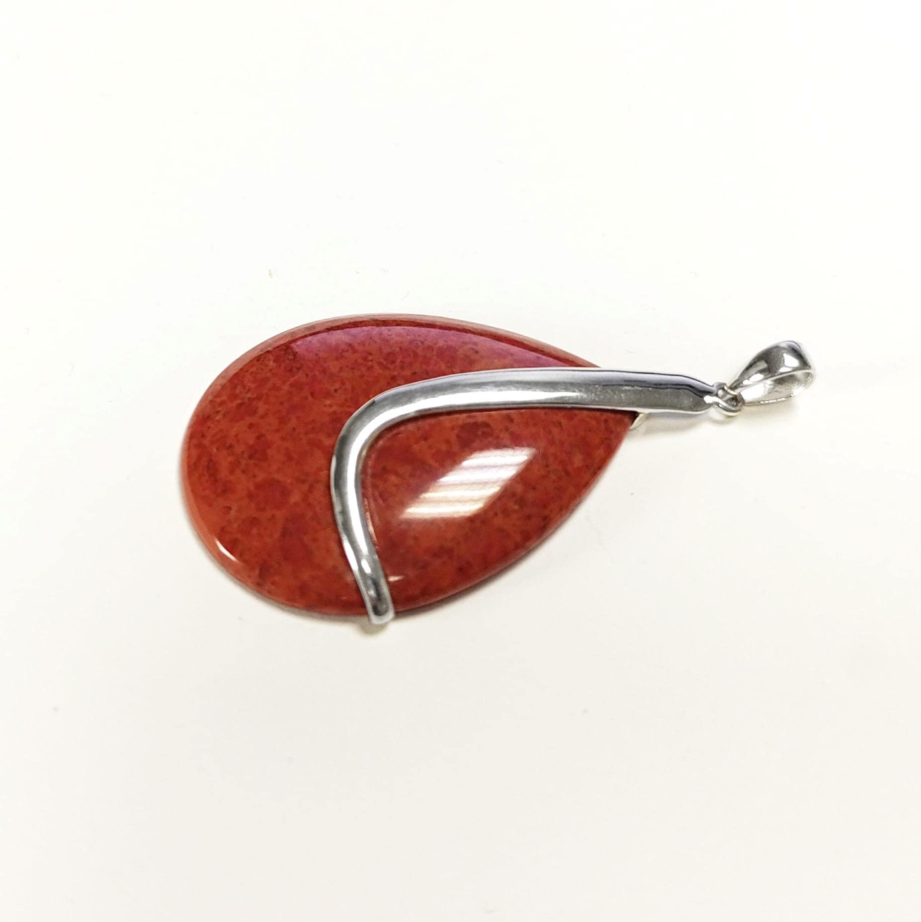 925 Red Oval Pendant, Sterling Silver, Big Enhanced Red Coral, Modern Teardrop Red Stone Jewelry, Bold Statement Red Necklace