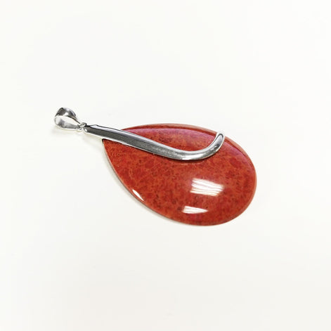 925 Red Oval Pendant, Sterling Silver, Big Enhanced Red Coral, Modern Teardrop Red Stone Jewelry, Bold Statement Red Necklace
