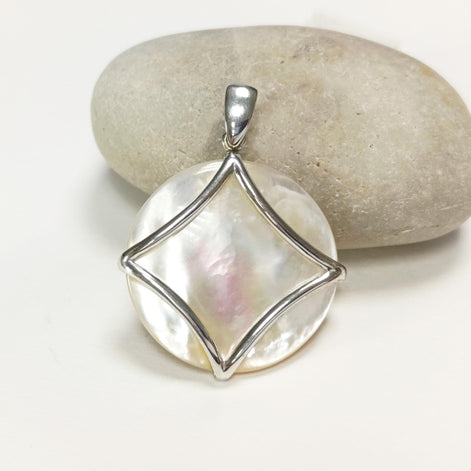 White Round Pendant, Sterling Silver, Genuine White Mother of Pearl Shell, Minimalist Modern Geometric Stone Necklace, Statement jewelry