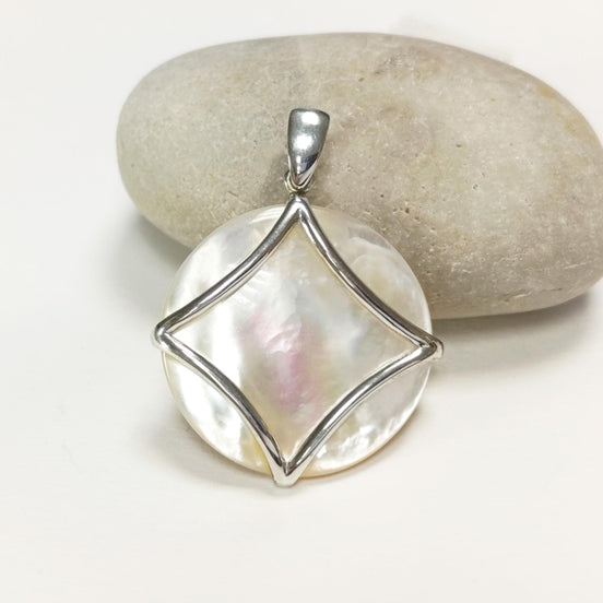 White Round Pendant, Sterling Silver, Genuine White Mother of Pearl Shell, Minimalist Modern Geometric Stone Necklace, Statement jewelry