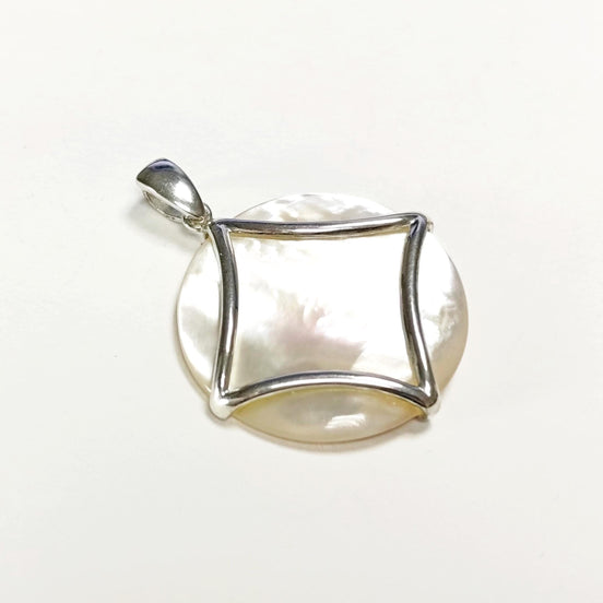 White Round Pendant, Sterling Silver, Genuine White Mother of Pearl Shell, Minimalist Modern Geometric Stone Necklace, Statement jewelry