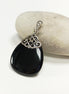 Black Stone Pendant, Sterling Silver, Onyx Oval Stone, Vintage Filigree Necklace, Teardrop Stone, Boho Jewelry, Antique Charm Necklace
