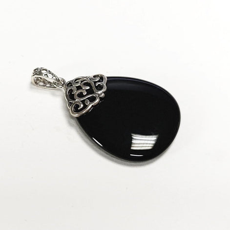 Black Stone Pendant, Sterling Silver, Onyx Oval Stone, Vintage Filigree Necklace, Teardrop Stone, Boho Jewelry, Antique Charm Necklace