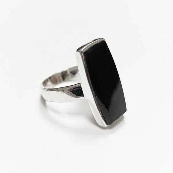 Black onyx ring, sterling silver set with a rectangle onyx stone in a unique modern design