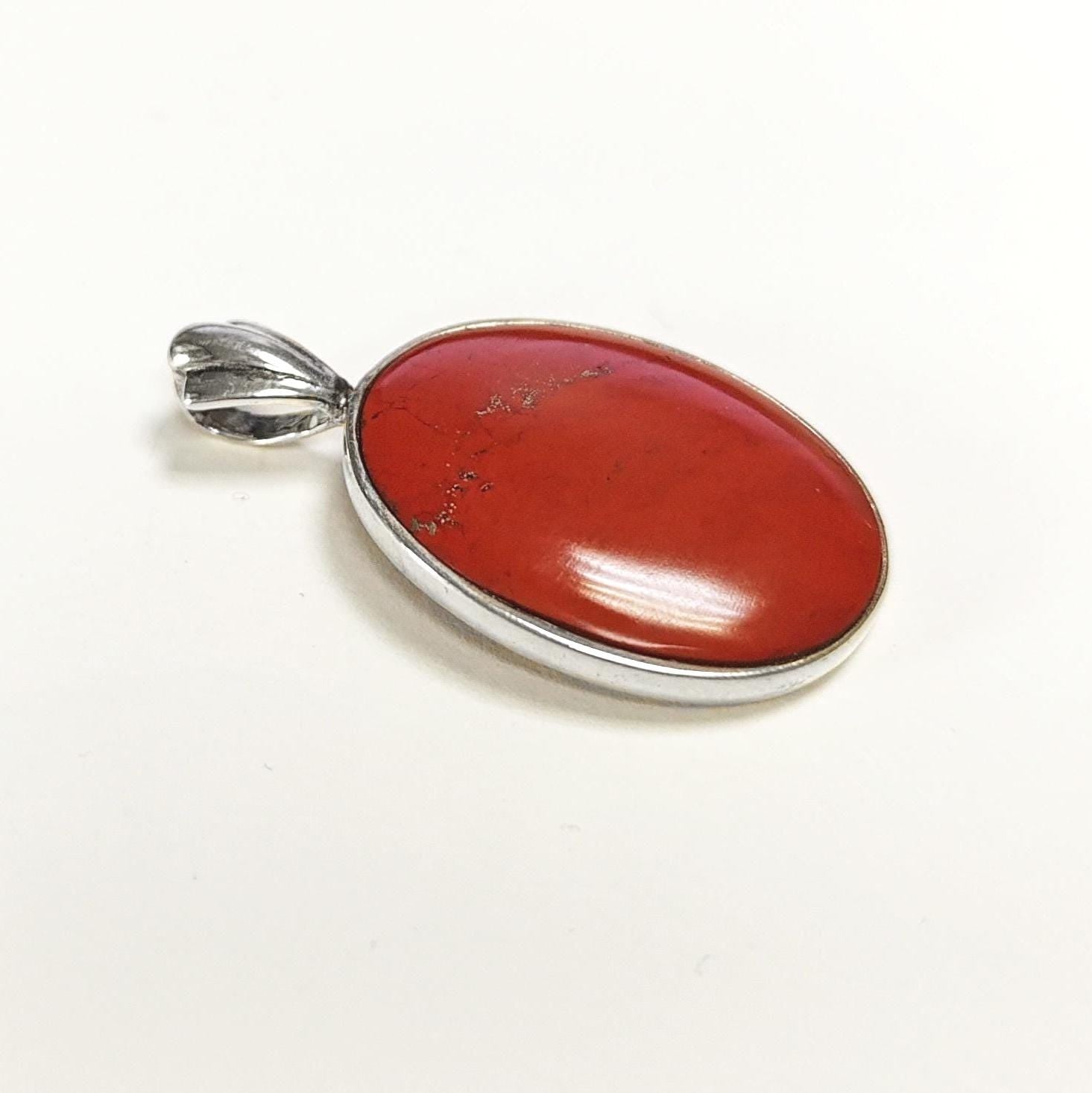 Red Oval Stone Pendant Sterling Silver 925, Genuine Red Jasper Gemstone, Vintage Stone Jewelry, Style Necklace, Birthstone