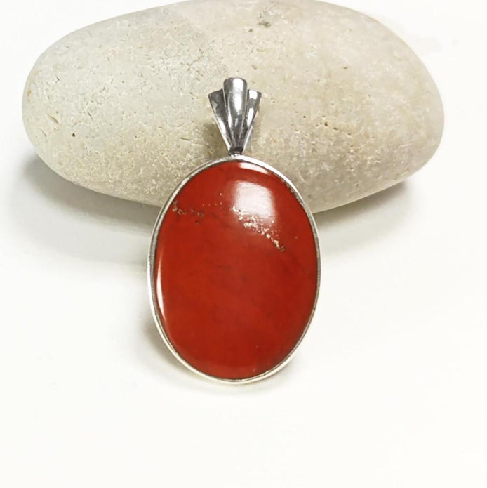 Red Oval Stone Pendant Sterling Silver 925, Genuine Red Jasper Gemstone, Vintage Stone Jewelry, Style Necklace, Birthstone